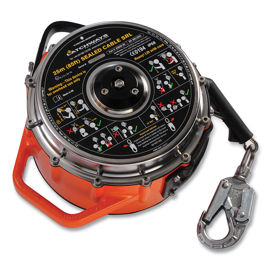 MSA 62841-00US Latchways Sealed Self-Retracting Lanyard, 130 ft L, Snap Hook w/Swivel, 1 Leg